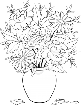 Bouquet Peonies and Chamomile Flowers and Leaves in Vase Black Contours Isolated on White Background. Vector