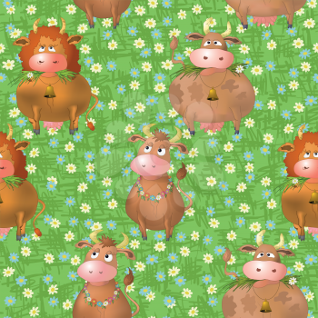 Seamless pattern, cartoon cows on a green summer flowering meadow. Vector
