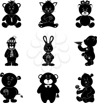 Cartoon animals with toys and gifts: teddy bears, cat, bunny. Black silhouettes on white background. Vector