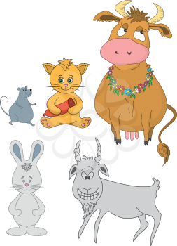 Set cartoon animals: cow, cat with sausage, mouse, goat, rabbit. Vector illustration
