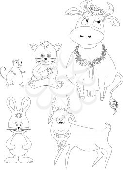 Set cartoon animals: cow, cat with sausage, mouse, goat, rabbit. Black contour on white background. Vector illustration