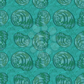 Seamless background, pattern with marine seashells and starfish contours. Vector