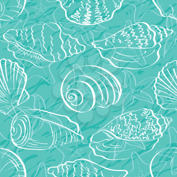 Seamless background, marine seashells and starfishes, white contour on blue background. Vector