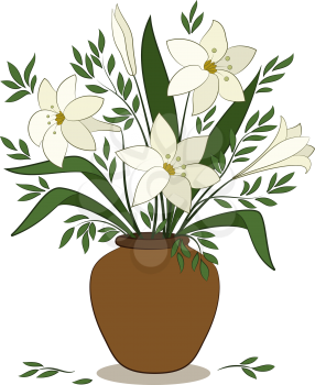 Bouquet of Beige Lilies Flower and Green Leaves in a Brown Clay Vase Isolated on White Background. Vector