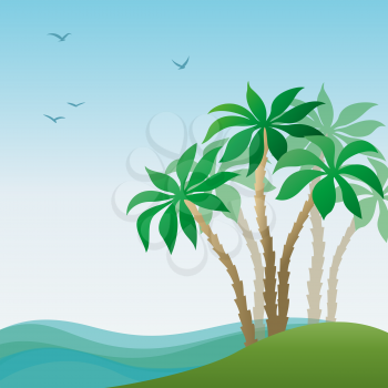 Exotic Landscape, Tropical Island with Green Palm Trees, Blue Sea with Waves and Birds in the Sky. Vector