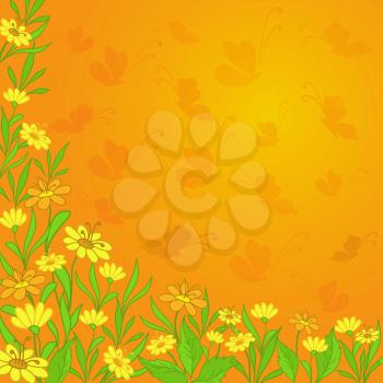 Background with yellow flowers and butterflies silhouettes