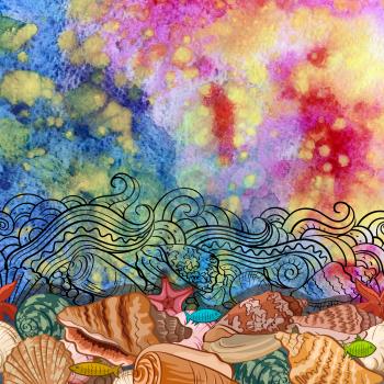 Sea Exotic Pattern, Seashells, Fishes, Starfishes Colorful and Contours on a Watercolor Painting Background