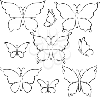 Set Symbolical Butterflies Black Contours Isolated on White Background. Vector