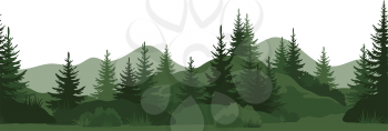 Seamless Horizontal Landscape, Summer Mountain Forest with Fir Trees, Bushes and Grass Green Silhouettes on White Background. Vector