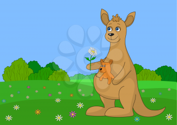 Cartoon Animals, Mother Kangaroo with a Little Cub on the Green Meadow. Vector