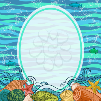 Sea Exotic Pattern, Seashells, Fishes, Starfish Colorful and Contours on a Blue and Green Wave Background. Vector