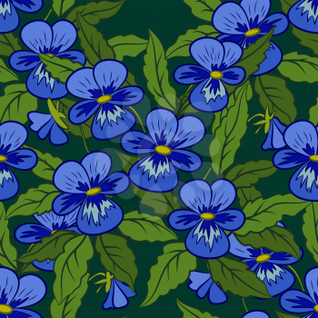 Seamless Background, Flowers Pansies, Viola, Green Leaves and Blue Petals, Tile Pattern. Vector