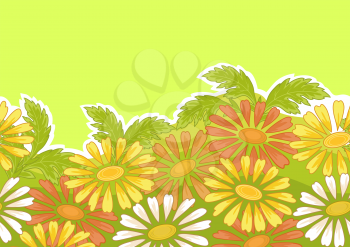 Horizontal Seamless Patterns, Summer or Spring Landscapes, Flowers and Grass on Green Background. Vector