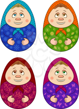 Set Easter Eggs, Holiday Symbol in the Form of Cartoon Nesting Dolls Matrioshka, Russian Traditional National Wooden Dolls Isolated on White Background. Vector