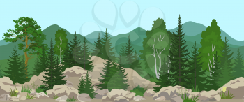 Seamless Horizontal Summer Mountain Landscape with Pine, Birch and Fir Trees, Green Grass and Yellow Flowers on the Stone Rocks. Vector