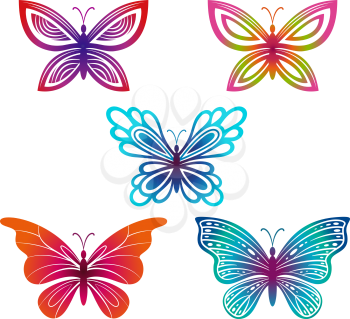 Set Symbolical Exotic Butterflies, Colorful Pictograms Isolated on White Background. Vector