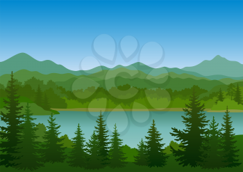 Summer Mountain Landscape with Green Fir Trees, Lake and Blue Sky. Vector