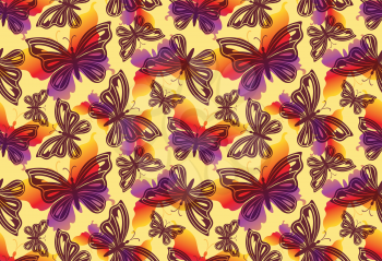 Seamless Pattern, Exotic Butterflies Colorful Silhouettes and Contours, Tile Background. Vector