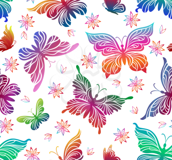 Seamless Pattern, Exotic Colorful Butterflies and Symbolic Flowers Contours on Tile White Background. Vector