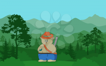 Cartoon Cat Hunter with a Gun and a Bird and Summer Mountain Landscape with Green Coniferous and Deciduous Trees and Blue Sky. Vector
