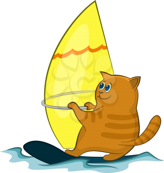 Cartoon Cat Windsurfer Sailing on the Sea Waves. Vector