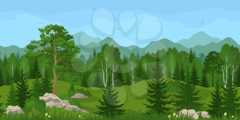 Seamless Horizontal Summer Mountain Landscape with Pine, Birch and Fir Trees, Green Grass and Yellow Flowers on the Stone Rocks, Blue Sky with Birds. Vector