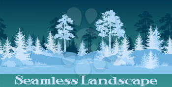Seamless Horizontal Christmas Winter Night Forest Landscape with Fir and Pine Trees Silhouettes and Blue Snow. Vector