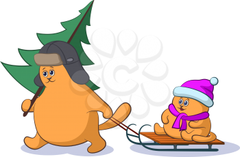 Cartoon Cat Father with a Christmas Tree and Child on Sledge. Vector