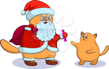 Christmas Cartoon, Cat Santa Claus Gives Candy to a Kitten. Vector
