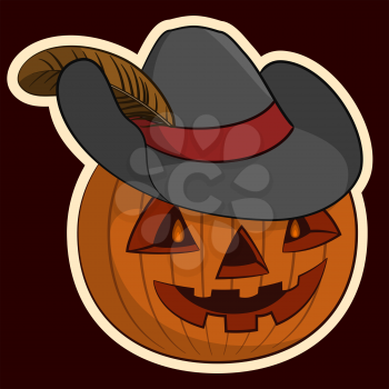 Halloween Holiday Symbol, Pumpkin O Lantern in the Hat with a Plume, Isolated on White Background. Vector