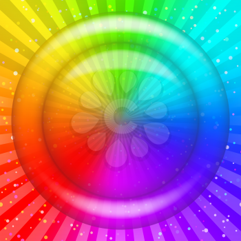 Rainbow background with transparent circle, confetti and rays. Abstract web design. Vector eps10, contains transparencies
