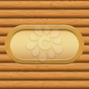 Wooden Oval Frame with Empty Paper on a Log Wall. Vector