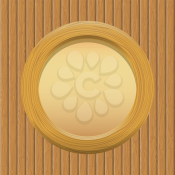 Wooden Round Frame with Empty Paper on a Wall. Vector