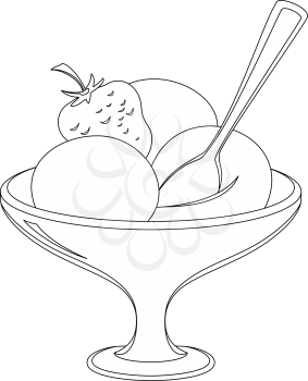 Ice cream and fruit in a vase with a spoon, vector, monochrome contours