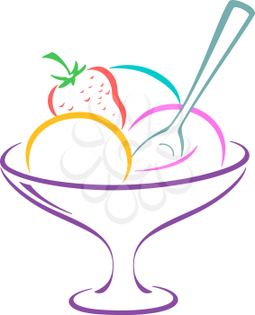 Sweet dessert, ice-cream and fruit in a vase with a spoon, symbolical pictogram, isolated