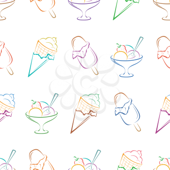 Ice cream pictogram, tasty dessert of various colors, isolated on white background, seamless. Vector