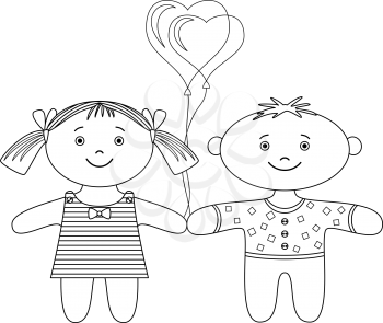 Toys, ragdolls, boy and girl with valentine heart balloon, contour