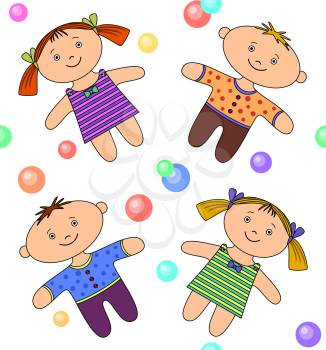 Seamless background. Toys, boy girl and bubbles. Vector