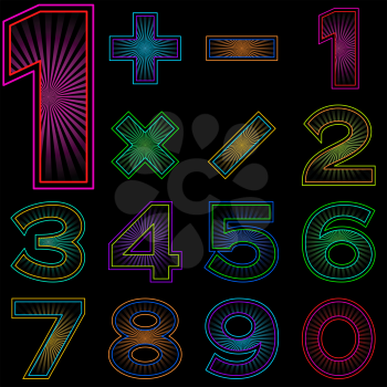 Signs of numbers and mathematical signs decorated with radial rays, isolated on black. Vector