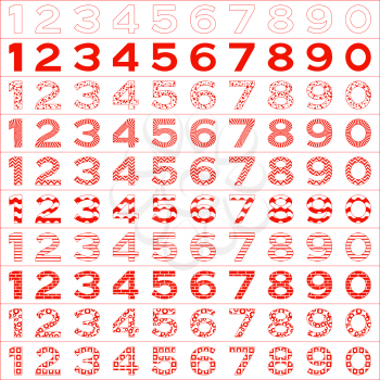 Numbers signs set, from 1 to 9, different patterns, isolated on white. Vector