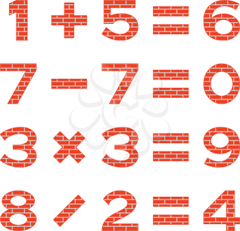 Set of numbers and signs in mathematical equations, addition, subtraction, multiplication and division, decorated with red brick, elements for design. Vector