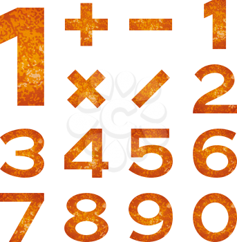 Set of numbers and mathematical signs stylized flaming orange lava, elements for web design. Eps10, contains transparencies. Vector