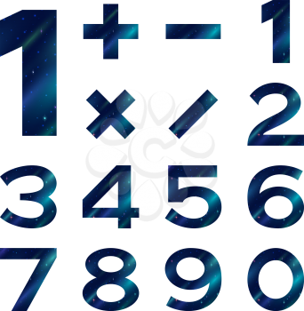 Set of numbers and mathematical signs stylized blue space with stars and nebulas, elements for web design. Eps10, contains transparencies. Vector