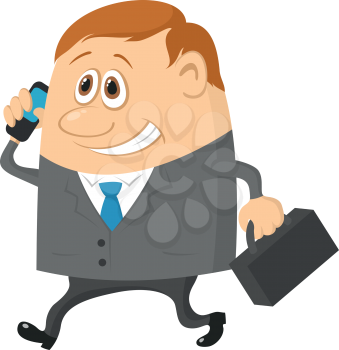 Businessman with a suitcase, happy smiling and running funny cartoon character. Vector