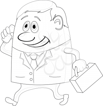 Businessman with a suitcase, happy smiling and running funny cartoon character, contour. Vector