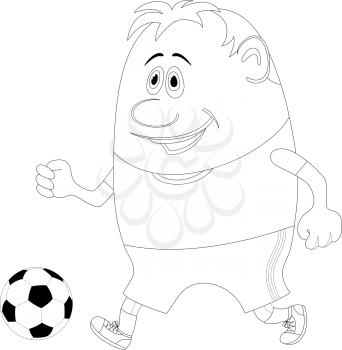 Soccer sportsman running with ball, cartoon character, black contour isolated on white background. Vector