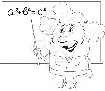 School teacher showing with her pointer on blackboard with Pythagorean theorem, funny cartoon character, black contour on white background. Vector