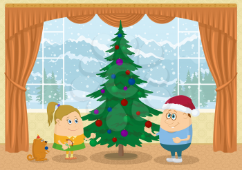 Children, boy, girl and dog decorating fir tree in room with view on mountains and snowy sky, Christmas holiday background illustration, funny cartoon characters. Eps10, contains transparencies. Vecto