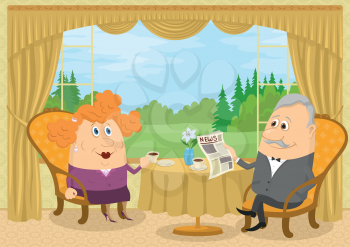 Family of old man and fat woman sitting at home near the table in front of the window with view on forest glade and drinking coffee, funny cartoon illustration. Vector