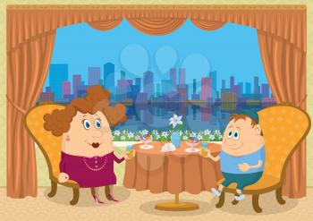 Fat mother and son sitting near the table in a restaurant with view on big city, drinking juice and eating ice cream, funny cartoon illustration. Vector